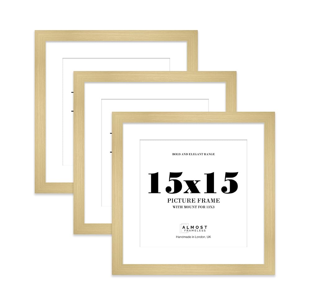 15x15" Gold Square Frame With Mount for 13x13" Pictures 28mm Edge Frame Display with Wall Hooks, 3 Pack