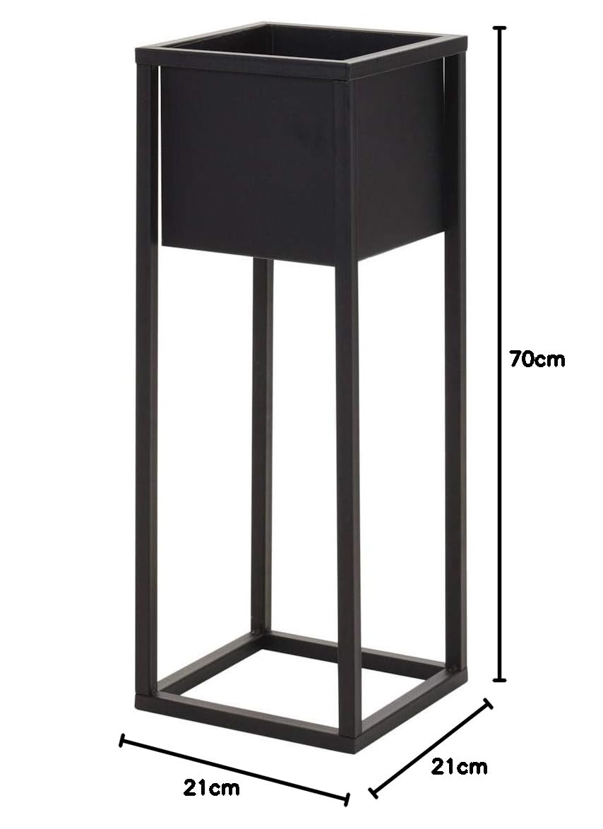Portavaso in metallo nero con vaso nero, 70 cm, supporto quadrato