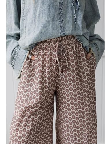Womens Wide Leg Printed Pants with Stretch Drawstring Waist and Side Pockets Boho Lounge Casual Trousers(Khaki-L)3