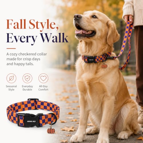 Image of ARING PET Fall Dog Collar for Puppy Small Medium Large Dog-Checkered M | Cute Autumn Purple Orange Plaid Doggy Collars with Charm for XS S M L XL Boy Girl Dogs, Soft Comfy Sturdy, Pumpkin Patch