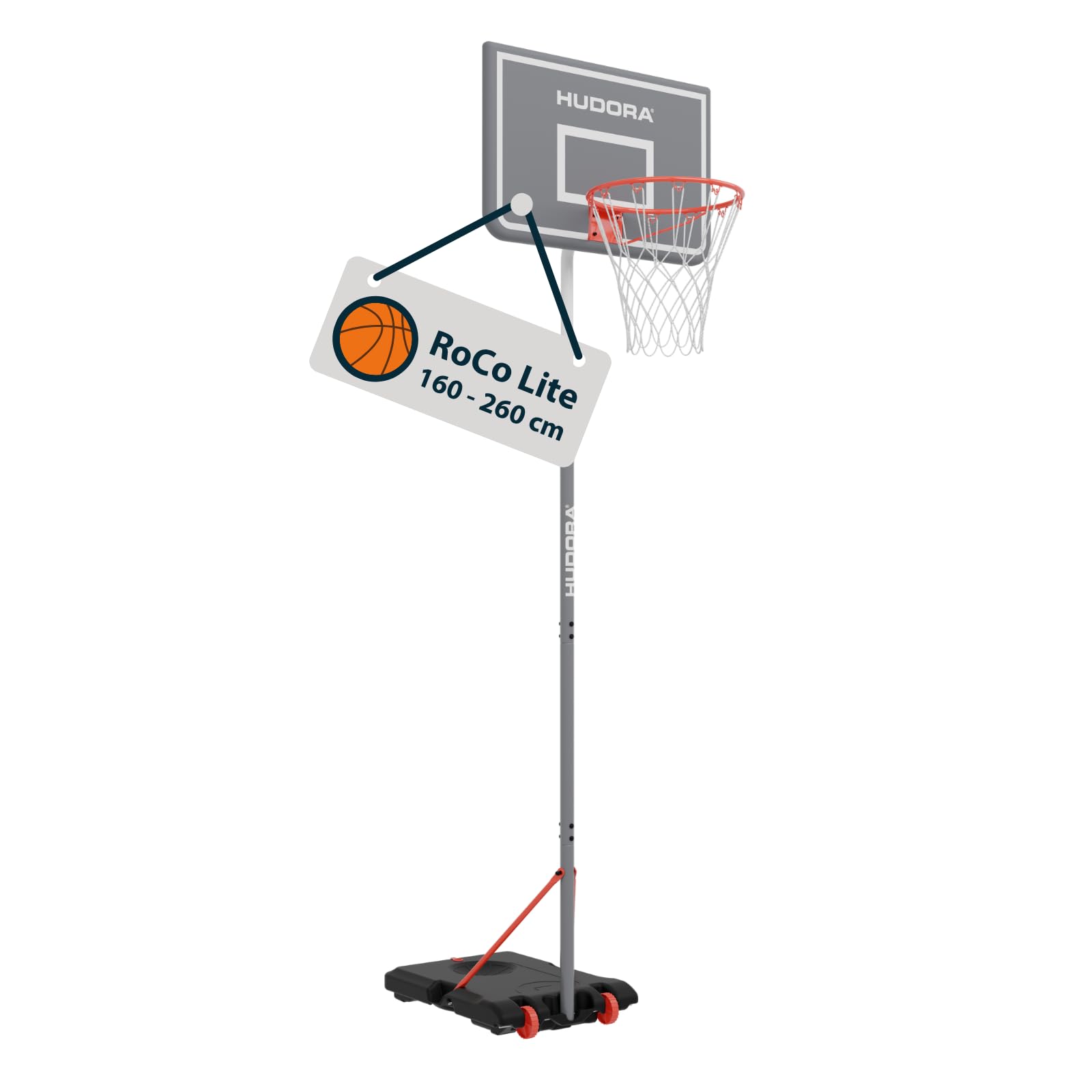 HUDORA Basketballständer RoCo 260 Lite - Höhenverstellbarer Basketballkorb - geeignet für Indoor und Outdoor - für Kinder und Jugendliche - Basketball Korb mit Ständer - Shadow, grau
