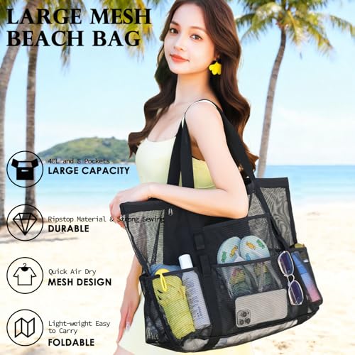 Image of Fammart Mesh Beach Bag for Women, Large Beach Toy Pool Bag with Zipper Pocket, SandProof Cruise Essentials 2026 Family Travel