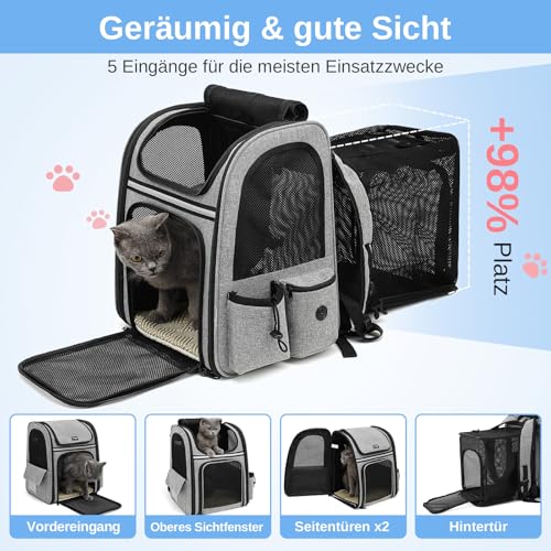 Dogat Erweiterbar Katzenrucksack mit Netzfenster, Tragbare und Faltbare Haustier Rucksack mit Innerer Sicherheitsleine und Haustierunterlage für Katzen Hunde bis 17 lbs (8 kg) Wandern, Walken (Grau)