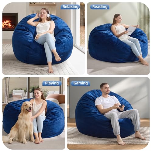 Image of Hobestluk Adults Bean Bag Chair 4FT Big BeanBag Chair Extra Large Oversized | Memory Foam,Washable Cover,Velvet Fabric,Side Pocket,Bedroom Living Room Big Adults Bean Bag Chairs Reading Gaming | Blue 4FT