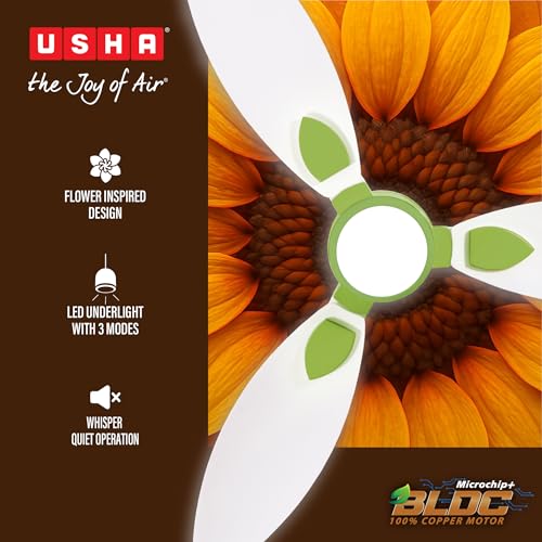 Image of USHA Bloom Sunspire Glow BLDC Ceiling Fan with 3-Mode Underlight |100% Copper Motor |RF Remote |Whisper-Quiet |Dust-Resistant |BEE 5 Star Rated |3Y Motor & 2Y PCB Warranty |White & Saffron Yellow