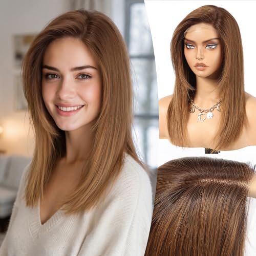 Image of KKU 100% Human Hair Wigs for Women,Real Human Hair Wigs,Side Swept Bangs Lace Front Wig(16 Inch,Ombre Brown)