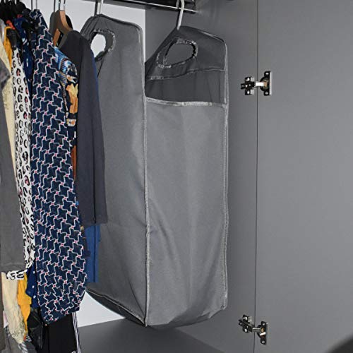 The Fine Living Co. Hanging Laundry Hamper Bag With 2 Strong Metal Removable Hangers For Closet, Wide Open Top Hanging Closet Heavy Clothes Storage Hamper Bin, Durable Space Saving Closet Laundry Bin 16.5"X 10" X 31.5" (Grey) #TOP4