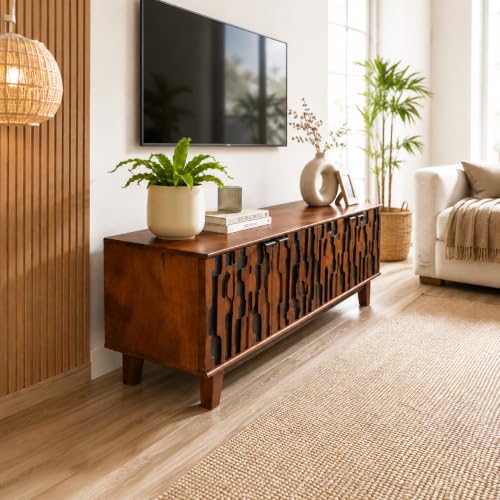 Image of The Attic Sculpt TV Cabinet, Solid Wood Sideboard TV Cabinet for Living Room, Wooden Free Standing TV Unit Side Board Table with Storage, Ant. Honey Matte Finish