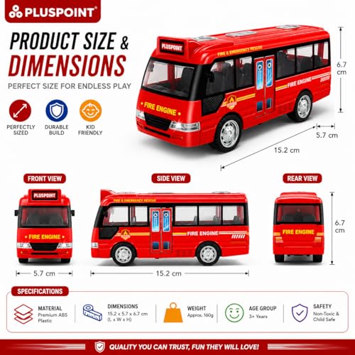 Image of PLUSPOINT Fire Rescue Bus Toy for Kids | Friction Powered Push & Go Vehicle with Lights, Sounds & Opening Doors | Durable Rescue Bus Pretend Play Toy for Boys, Girls & Toddlers
