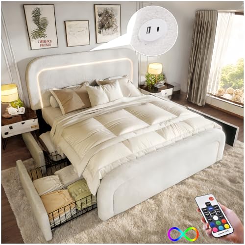 Racxily Cama de matrimonio con USB tipo C, iluminación LED y 4 cajones, 140 x 200 cm, cabecero regulable en altura, cama de una plaza y media con somier de láminas de madera, Sherpa, blanco