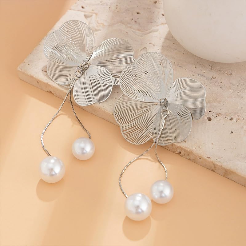 Gold Large Flower Pearl Dangle Earrings for Women Dangling Silver Unique Statement Big Floral Long Pearls Drop Bridal Earring Wedding Prom Jewelry Trendy - Image 7