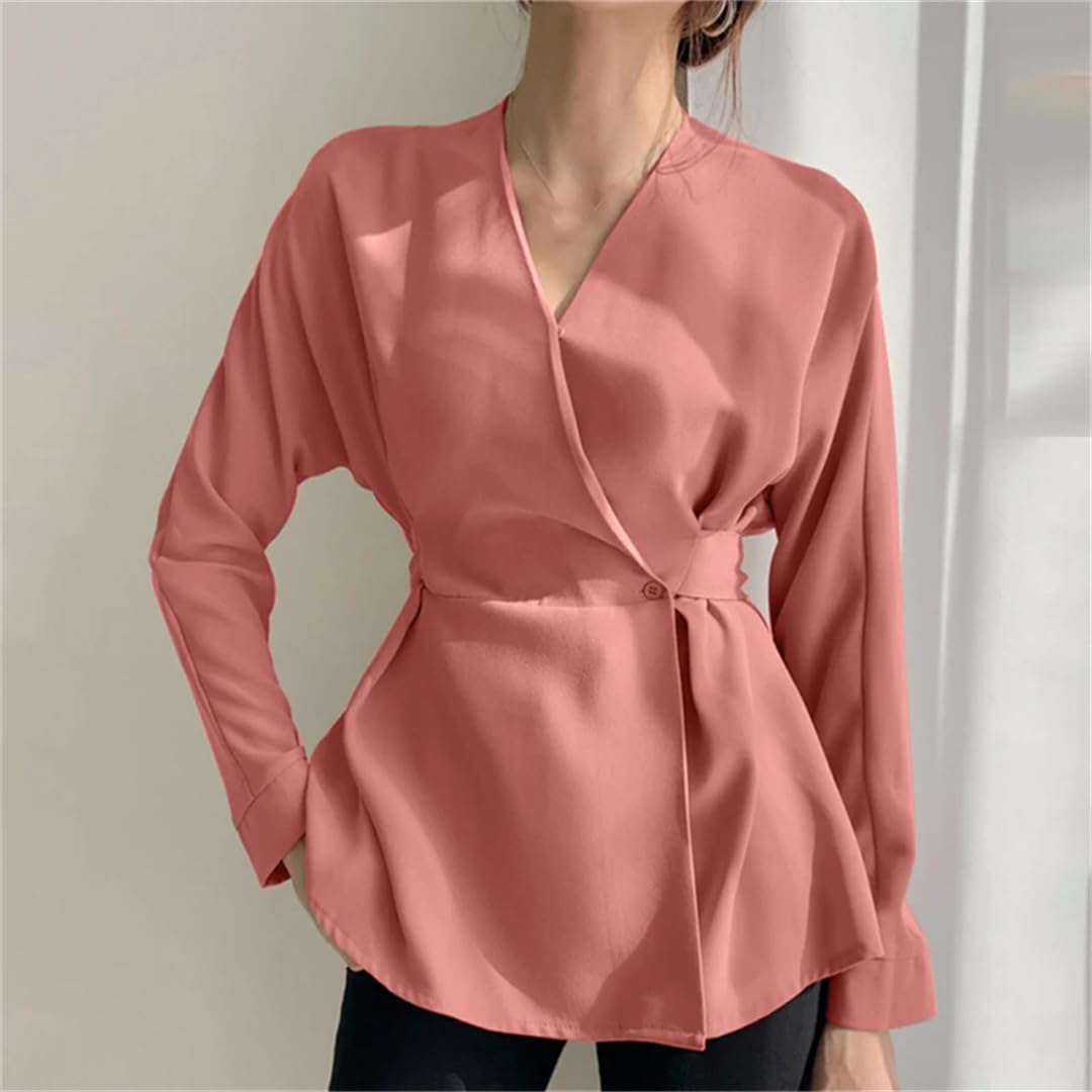 Camisa de verano para mujer, estilo informal, para oficina, color liso, cuello en V, túnica de manga larga