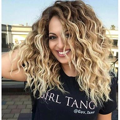 Women's Synthetic Wig Medium Curly Brown Blonde Ombre Hair Dark Roots Middle Part Natural Wigs Costume Wig