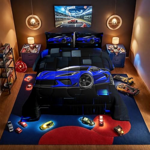 Erosebridal Race Car Full Comforter Set for Boys Blue Sports Car Kids Bedding Set Cool Speed Race Car Down Comforter Extreme Sports Racing Competition Quilt 3D Geometric Duvet Insert