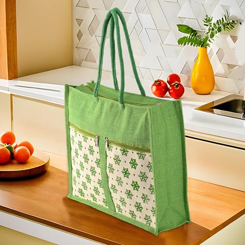 Image of Kuber Industries Multi-purpose Jute Lunch Bags For Office Men /Women | Reusable Grocery Bag with Zip Compartments & Handle | Carry bag For Office Employees | Star Print - Green & White