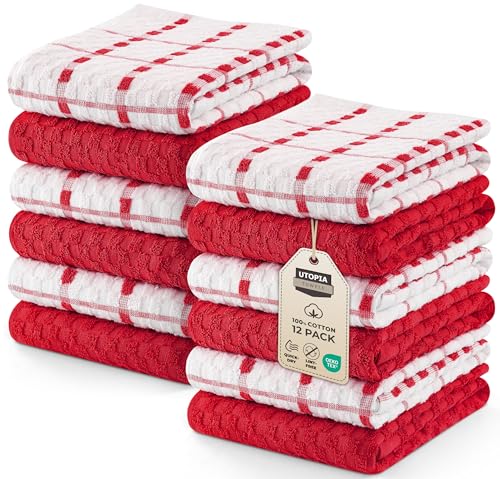 Utopia Towels - Kitchen Towels 12 Pack, 15 x 25 Inches, 100% Ring Spun Cotton Super Soft and Absorbent Linen Dish, Tea and Bar Towels Set, Red