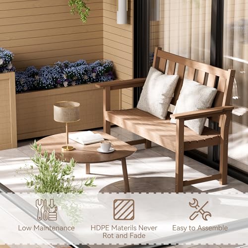 Image of 50 inch HDPE Weatherproof Outdoor Bench Patio Seating, Mocha Brown 2 Pack