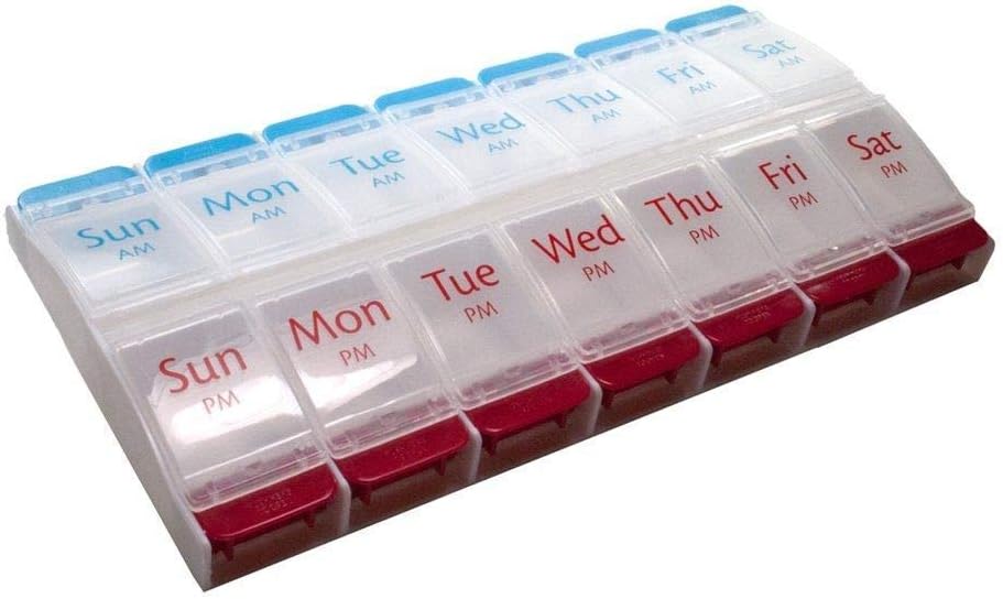 DealMart 7 Day Large Pill Organizer (Twice-a-Day), Push Button Weekly AMPM Pill Box for Pills Vitamin Fish Oil Supplements