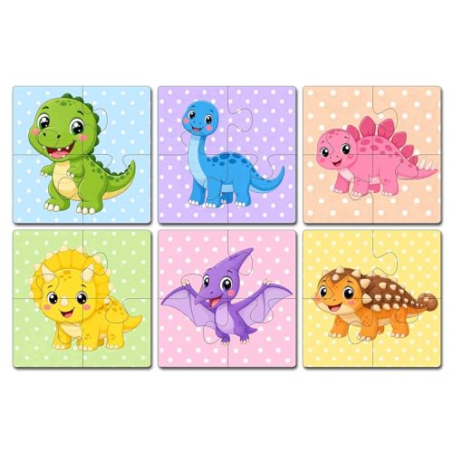 Image of Wooden Jigsaw Puzzle Set of 6 for Kids Age 2-6 Years | Pack of 6 Puzzles with 4 Pieces Each | Toddler Learning Educational Toy | Mixed Themes Puzzle for Boys & Girls (Dinosaur)