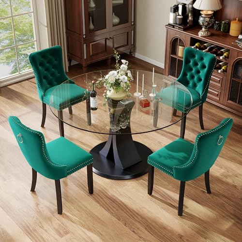 Image of 5-Piece Dining Table Set with 47In Tempered Glass Table and 4 Velvet Upholstered Chairs, Modern Scandinavian Furniture for Dining Room Kitchen(Green)