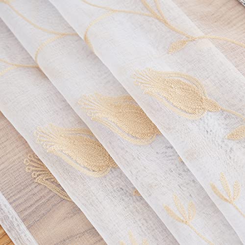 Image of Embroidery Sheer Curtains Beige 95 Inches, Floral Window Treatments Rod Pocket Drapes for Living room, Bedroom, Semi Crinkle Voile Curtain Panels for Yard, Patio, Villa, Parlor, Set of 2, 52 inchx 95 inch.