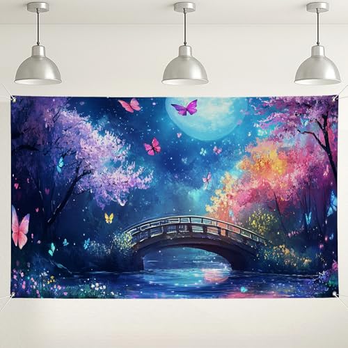 Fondo de puente de jardín de mariposas, decoraciones florales coloridas para fiestas, fondo de fotografía nocturna al aire libre para eventos, suministros de celebración de primavera/verano, 71 x 43