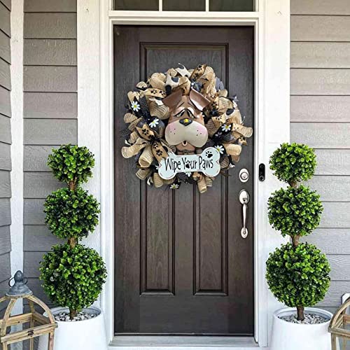 17.7 Inch Puppy Wreath Front Door, Welcome Hanging Dog Door Sign For Dog Lovers, Wipe Your Paws Farmhouse Decor For Front Door Porch,Year Round Decorative Dog Garland Front Door #TOP6