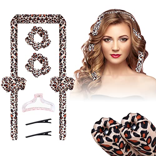 Heatless-Hair-Curler, Upgraded Segmented Design No Heat Silk Curls Headband for More Comfortable Sleep Overnight, Silk Curling Ribbon for Hair with Rubber Bands and Clips (leo)