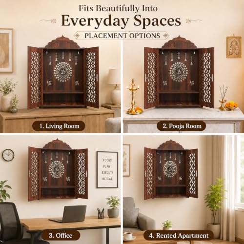 Image of The Castle Decor Wooden Mandir for Home, Premium MDF Home Temple with Double Doors for Pooja Room, Wall Hanging & Tabletop Temple, Matte Finish, 16.5 x 24.5 x 10.5 Inch (Design 6)