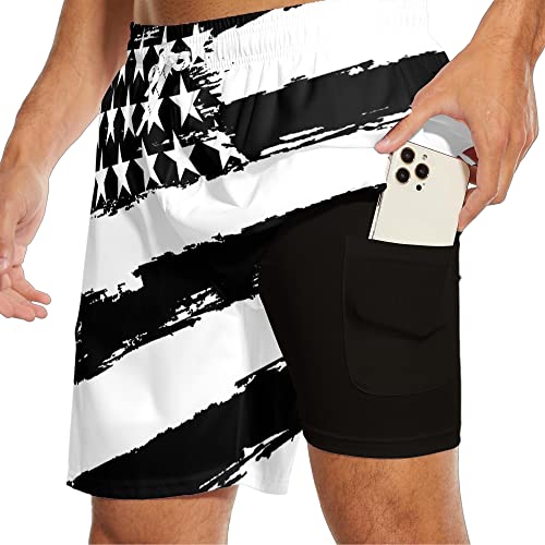 Baprrjy Black American Flag Mens Swim Trunks With Compression Liner Board Shorts Breathable Swim Shorts Bathing Suit #TOP1