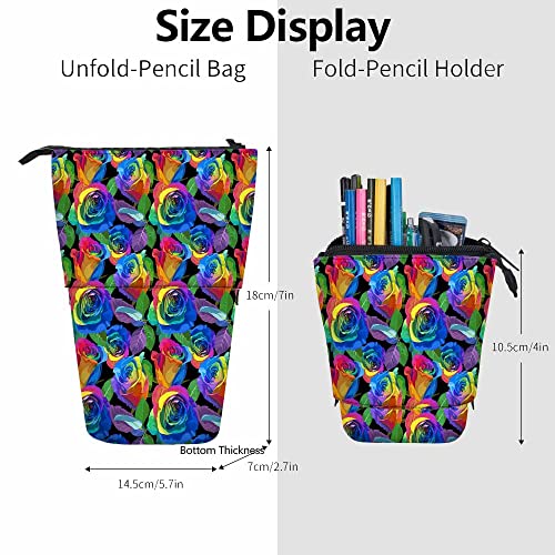 Image of Swono Roses Pencil Case Multicolored Rainbow Standing Pencil Case Pencil Holder Pencil Pouch Cosmetics Pouch Makeup Office Bag Black