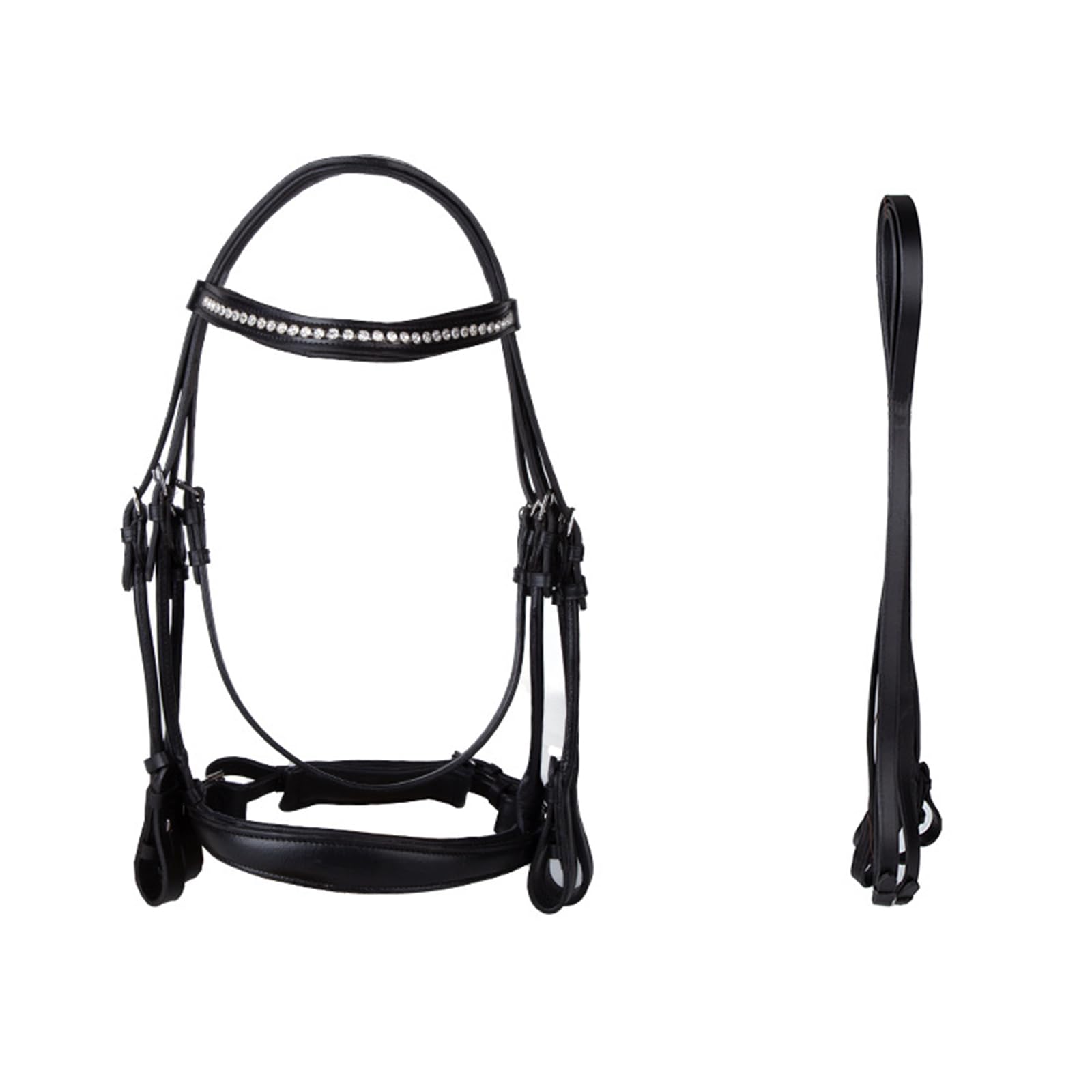 Cabestro de caballo y cuerda de plomo, material de cuero vacuno con diamantes de imitación para uso ecuestre