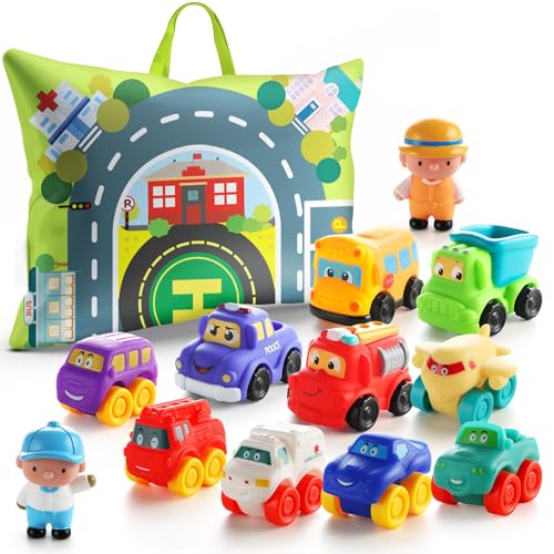 bessome Soft Rubber Toy Figure Car for 1 Year Old Boy with Playmat (Storage Bag)|12 PCS Cartoon Cars Baby Toys for 12-18 Months & Toddler Age...