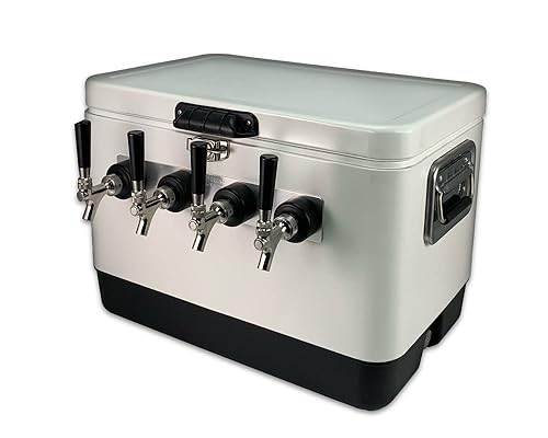 Coldbreak Jockey Box, 4 grifos, entradas traseras, enfriador de acero con cinturón de 54 cuartos de galón, vástagos inoxidables, bobinas de 50 pies,