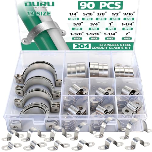 OURU 90pcs Conduit Clamp Assortment Kit 304 Stainless Steel, 16 Sizes (1/4"-4") Rigid Metal Pipe Clamp U Bracket, 2 Holes Pipe Strap for Automotive, Wire & Tube