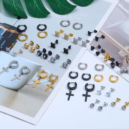 NEWITIN 24 Pairs Stainless Steel Earrings for Men Hypoallergenic Inlaid Cubic Zirconia Studs Hoop Earring Cross Dangle Earrings Unisex Punk Stud Earring for Women Men4