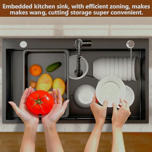 Image of Black Drop In Kitchen Sink: 30in Stainless Steel single bowl Workstation | 8.68 Spacious Single Basin Speeds Up Post Feast Cleanup For Heavy Cooking Homemakers Via 7-Piece Accessories Combo