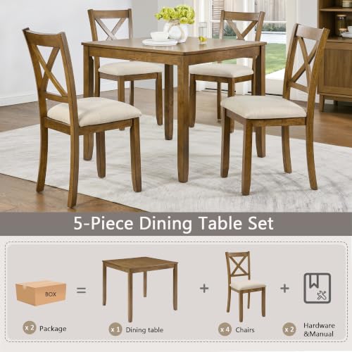 Image of Harper & Bright Designs 5-Piece Oak Dining Set - Square Table + 4 Upholstered X-Back Chairs,Solid Rubberwood Frame,Space-Saving, Holds 330 Lbs Each