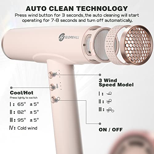 slopehill Professional Ionic Hair Dryer, High-Speed Blow Dryer with Brushless Motor for Salon Use, Lightweight Compact Hairdryer for Travel, Low Noise Quiet for Home, Ceramic Pink - Thumbnail 3