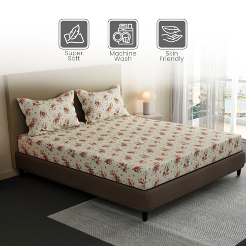 Image of Layers 100% Cotton Fitted Sheet for King Size Bed | Lumina Floret Collection | 144 TC Soft & Breathable | Floral Print with 2 Pillow Covers | Wrinkle Free & Colorfast | 3 Pc Bedding Set - White