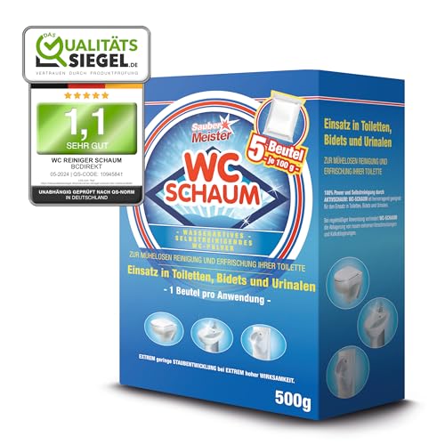 SAUBER MEISTER WC SCHAUMREINIGER PULVER Extra starker WC Schaum für gründliche Sauberkeit Kraftvoller WC-Reiniger gegen Kalk & Urinstein Selbstreinigende Pulverform 5 x 100 g (1er Pack)