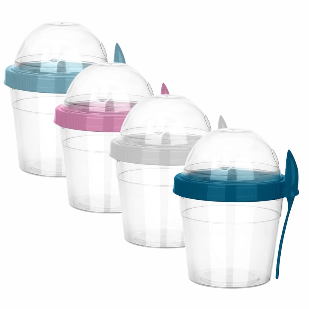 EYNEL4 Pack 17 oz Small Breakfast On The Go Yogurt Parfait Cups, Reusable Plastic Containers with Lids and Spoons, Perfect Jars for Overnight Oats Cereal Granola Oatmeal (4 Colors Set)
