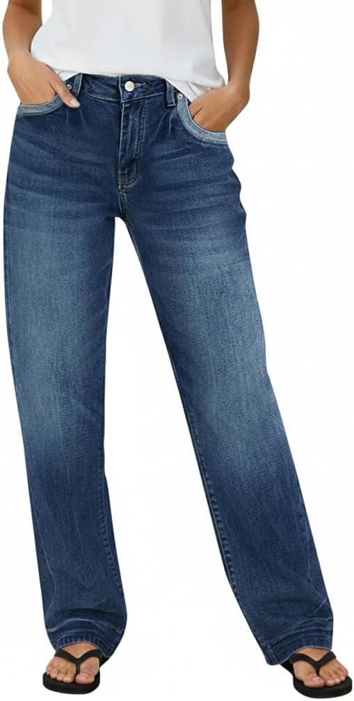 Straight Leg Jeans for Women Mid Rise Baggy Jeans Stretchy Wash Casual Trendy Denim Pants