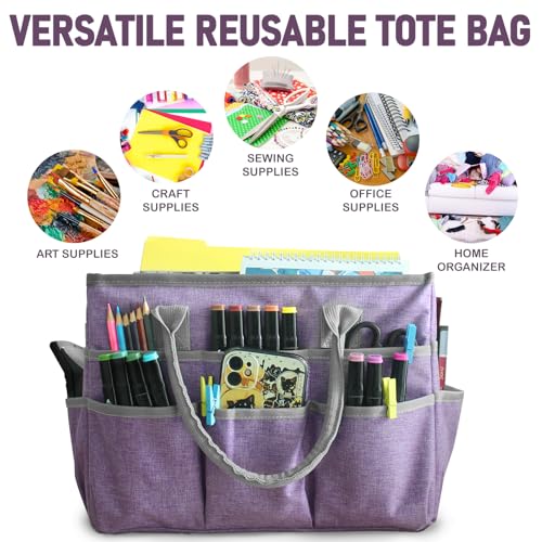 Image of Cupohus Art Organizer Craft Storage Tote Bag with Pockets and Handles, Oxford Fabric Carrying Caddy for Teacher, Officer, Artist, Traveler -Purple