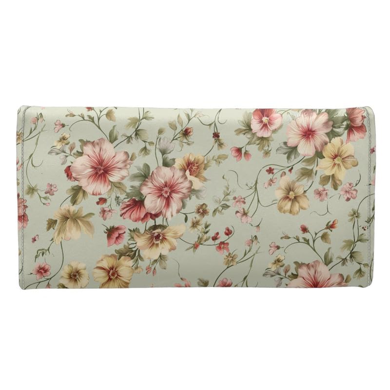 Vintage Floral Large Long Slim Wallets for Women, Retro Countryside Style Flowers Card Holder Ladies Tri-fold Clutch Zipper Pocket with ID Card Transparent Slot4