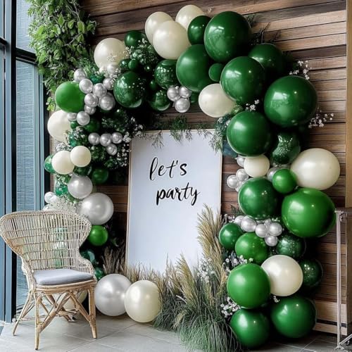 Image of Green White Balloon Garland Double Stuffed Latex Emerald Green Sand White Cream Grey Pearl Balloon Arch Different Sizes for Birthday Wild One Wedding Baby Shower Prom Jungle Party Decor