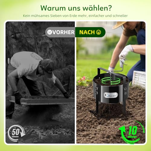 Gifeerory Upgrade 5-in-1 Gartensieb Handkurbelsieb aus Metall Ø30cm mit 4 Sieben (3/6/9/12mm), Effizientes Sieb für Erde, Steine, Sand, Kompost, Unkraut, Austauschbare Siebe für Gartenarbeit
