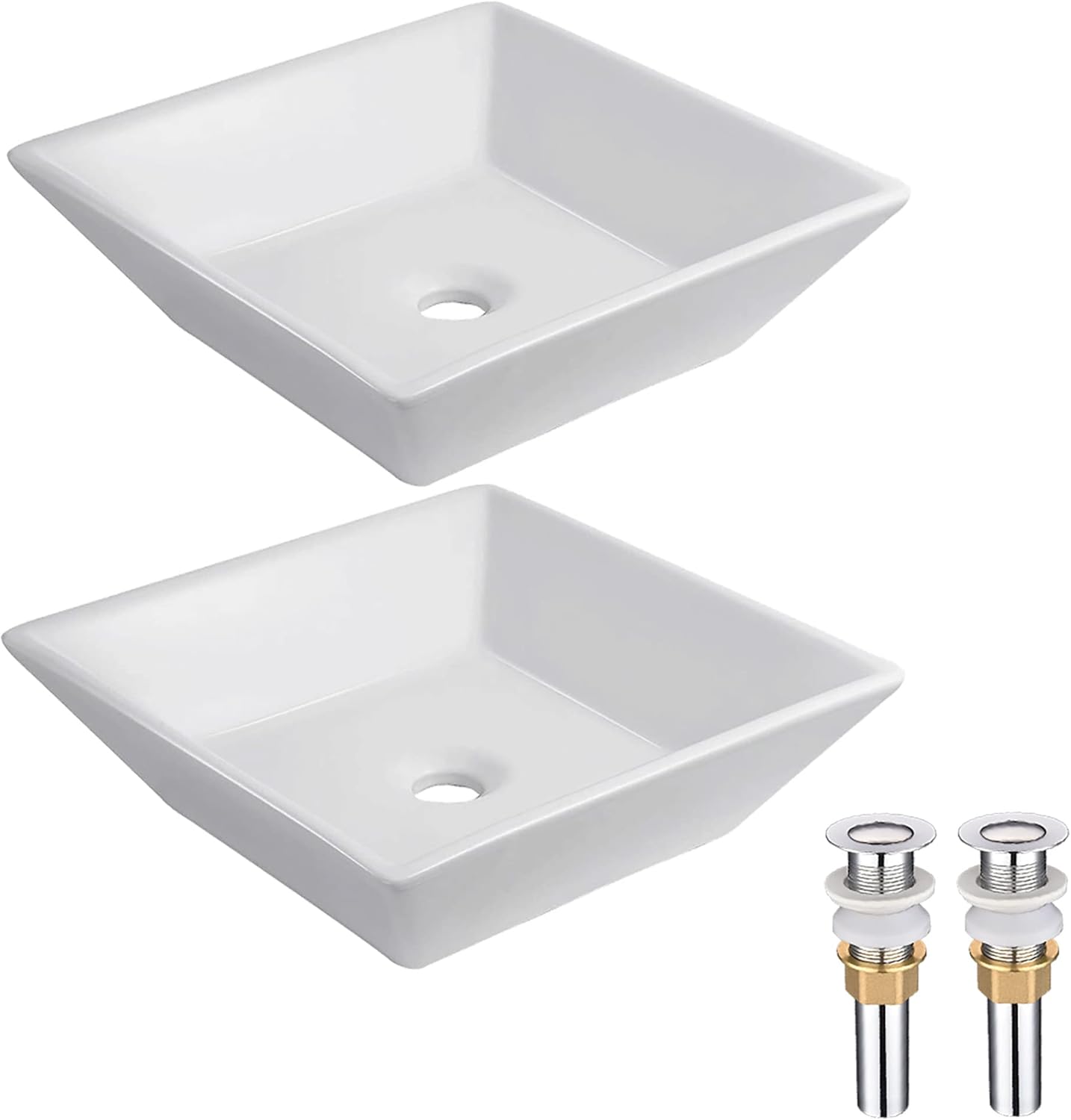 Aquaterior 2 Pcs 16"x16" Square Ceramic Bathroom Vessel Sink Above Counter with Chrome Pop up Drains Countertop Porcelain Vanity Sink Basin