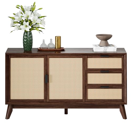 Image of Bme Rattan Pre-Assembled Buffet Sideboard with 3 Drawers & 2 Doors, 58 inch Accent Console Table Living Room, Kitchen, Dining, Walnut, Jasper Storage Cabinet