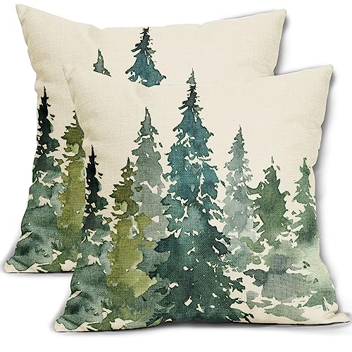 Aytipun Watercolor Tree Pillow Covers 18x18 Set of 2 Green Teal Forest Rustic Nature Themed Decorative Throw Pillows Winter Christmas Outdoor Farmhouse Linen Cushion Case Decor for Sofa Couch Bed